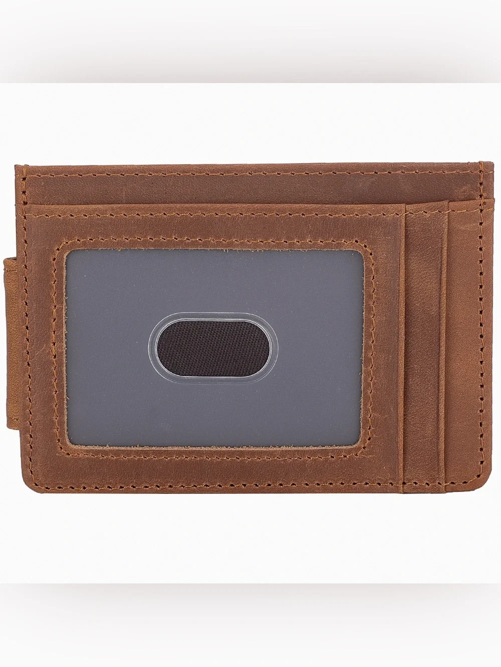 Slim Tan Leather Money Clip Card Holder with ID Window